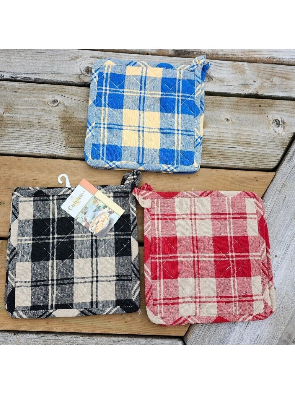 Square Pot Holder Trivet Lot of Three BNWT Red Black Blue Checkered Stripe Plaid